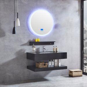 Badrumsmöbel i marmor + badrumsspegel med belysning, touch och bluetooth - 100cm