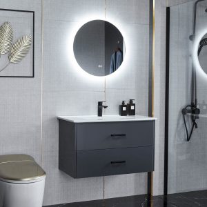 Badrumsmöbel med rund LED-spegel 60 cm | Grå