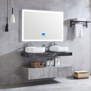 Badrumsmöbelpaket i marmor med två handfat, underskåp + badrumsspegel med belysning, touch, bluetooth och anti-fog-120cm