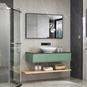 Badrumspaket | Kommod med bänkskiva i svart kompositsten med stort handfat, hylla och spegel