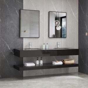 Badrumspaket | Tvättställ i marmor med dubbla handfat hylla i marmor, med två speglar-180cm