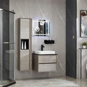 Badrumspaket | Tvättställsskåp, högskåp, liten hylla och LED-spegel