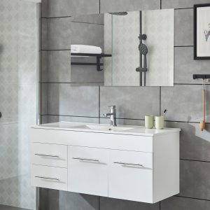 Tvättställsskåp + badrumsspegel - Högblank vit - 120cm