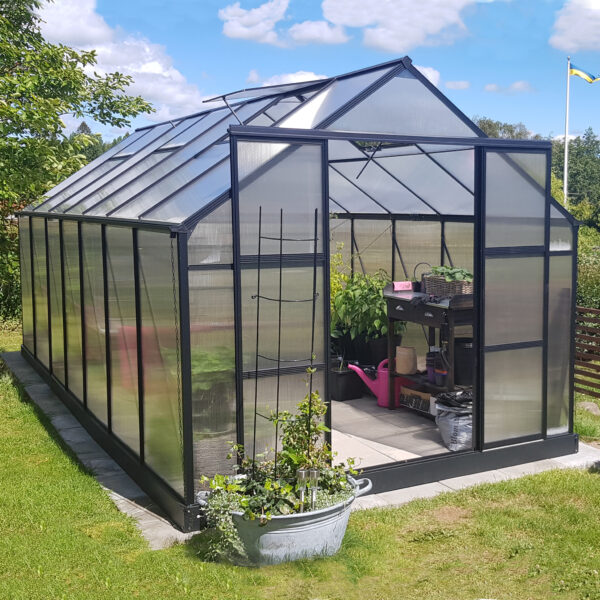 Växthus 12,4m² | 6mm Kanalplast | Hög odlingshöjd | Svart